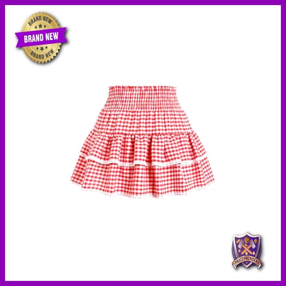 Y2K Gingham Plaid Ruffle High Waist A-Line Mini Skirt with Lace Hem - Picture 3 of 6